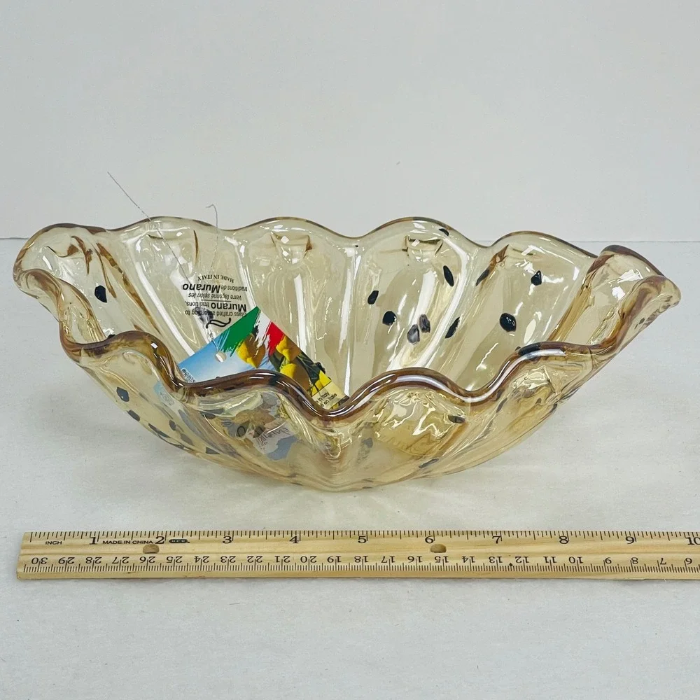 Tammaro Home Murano Glass Bowl Amber Speckled Ruffled Rim Made in Italy 10in
